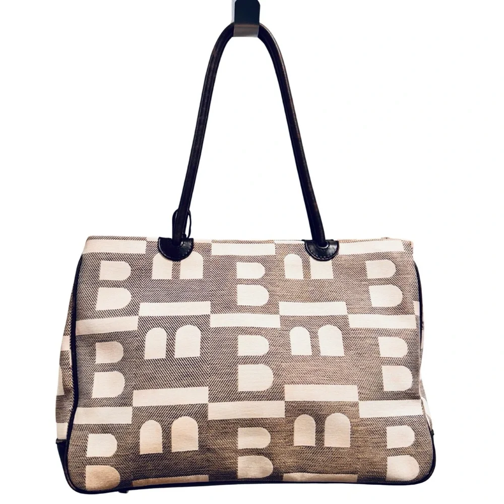 Bally Brown & Cream Logo Canvas Tote Bag w/ Leather Trim + Zip Pouch - Picture 2 of 15